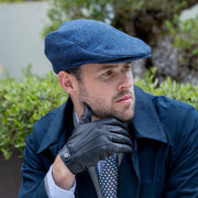 Dents Grafham Herringbone Tweed Flat Cap - Marine Navy