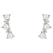 Beginnings Curved Freshwater Pearl and Crystal Crawler Earrings - Silver/White