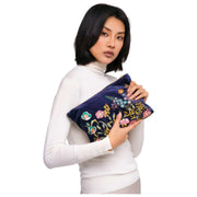 Powder Embroidered Velvet Zip Pouch - Navy Blue