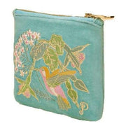 Powder Hummingbird Velvet Embroidered Mini Pouch - Aqua Blue