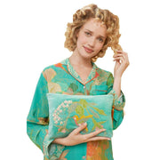 Powder Hummingbird Velvet Embroidered Zip Pouch - Aqua Blue